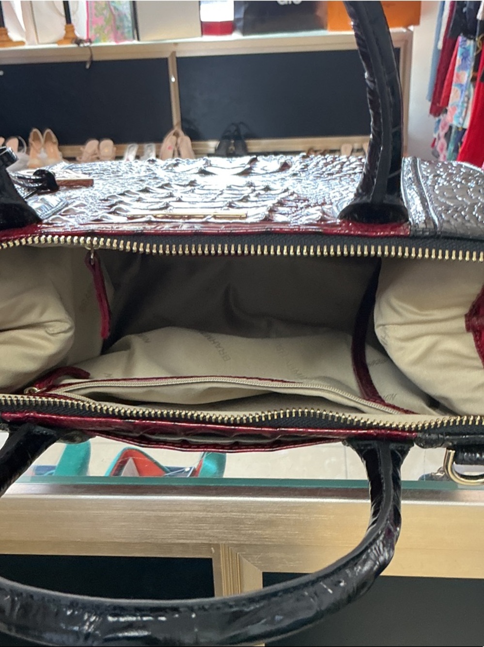 Brahmin Black and Burgundy Croc-Embossed Leather Tote with Charm - Picture 3 of 4